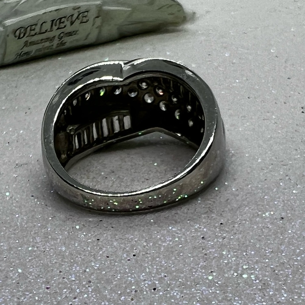 Pave Round & Baguette CZ Sterling Cross Over Ring - Picture 4 of 7